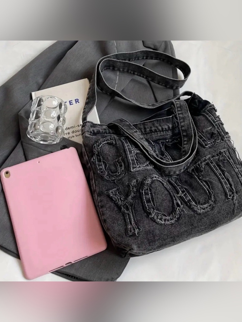 Black Denim Tote Bag with Distressed Appliqué
